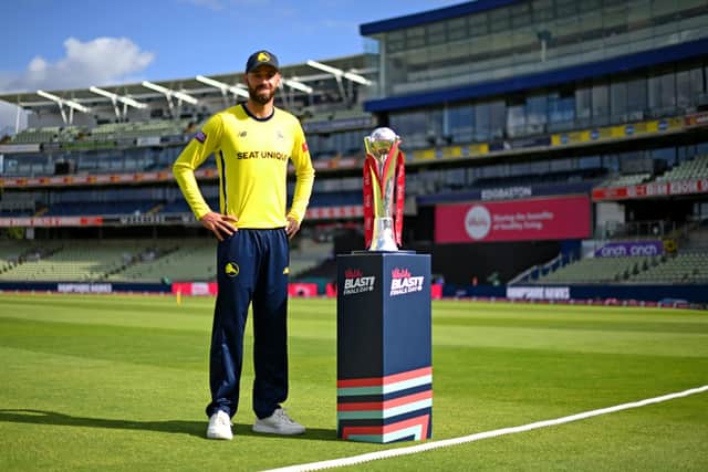 Hampshire captain James Vince with the Vitality T20 Blast trophy ahead of tomorrow's final at Edgbaston. Photo by Gareth Copley/Getty Images.