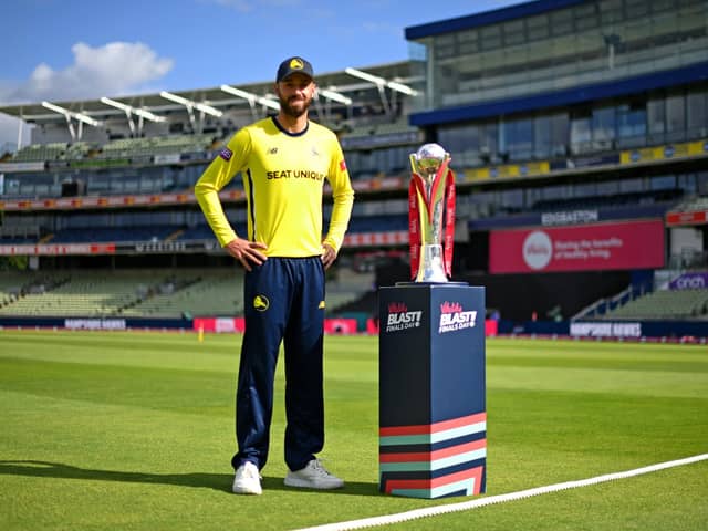 Hampshire captain James Vince with the Vitality T20 Blast trophy ahead of tomorrow's final at Edgbaston. Photo by Gareth Copley/Getty Images.