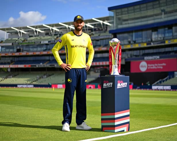 Hampshire captain James Vince with the Vitality T20 Blast trophy ahead of tomorrow's final at Edgbaston. Photo by Gareth Copley/Getty Images.