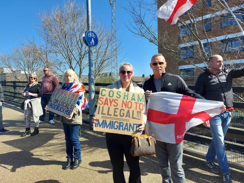Illegal immigration protestors gathered outside Roebuck House in Cosham on Sunday, March 30.