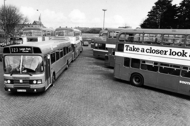Buses parked at Havant bus station during a drivers' strike in April 1986