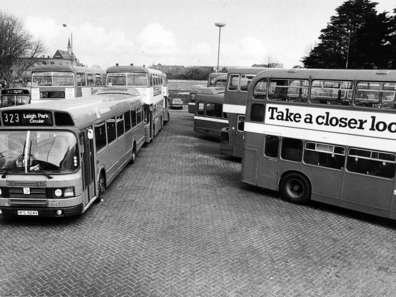 Buses parked at Havant bus station during a drivers' strike in April 1986