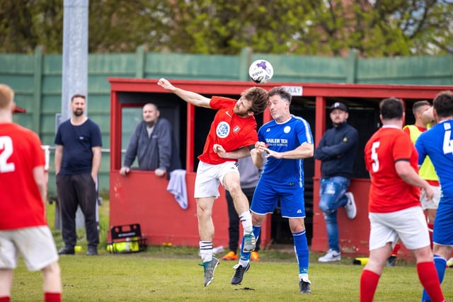 Action from Gosport Town's 4-0 victory over Lee Rangers (blue kit) in the Portsmouth & District FA Trophy final at Cams Alders. Picture: Alex Shute