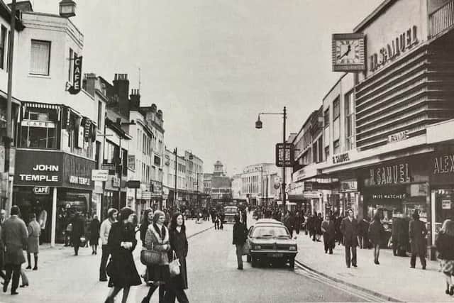 A 1970s vista looking south along Commercial Road from Charlotte Street junction.