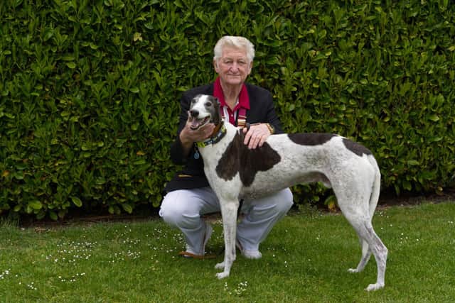 Brian Shakespeare Fareham Bowling Club President with his beloved Fletch retired Greyhound.