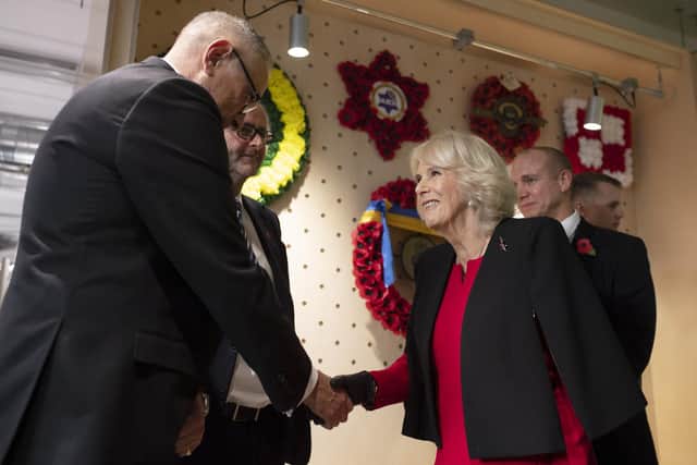 The Duchess of Cornwall during a visit to open the new facilities at the Poppy Factory in Richmond, south west London. Picture date: Tuesday November 9, 2021. Picture: PA/Geoff Pugh/Daily Telegraph