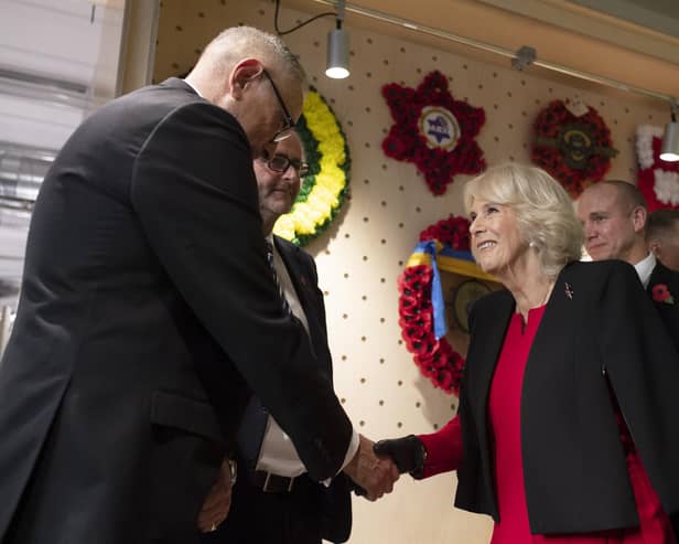 The Duchess of Cornwall during a visit to open the new facilities at the Poppy Factory in Richmond, south west London. Picture date: Tuesday November 9, 2021. Picture: PA/Geoff Pugh/Daily Telegraph