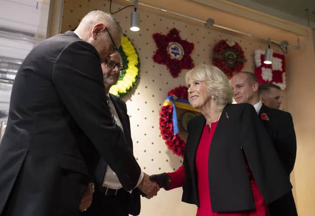 The Duchess of Cornwall during a visit to open the new facilities at the Poppy Factory in Richmond, south west London. Picture date: Tuesday November 9, 2021. Picture: PA/Geoff Pugh/Daily Telegraph