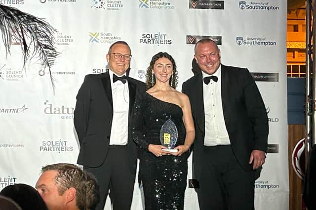 From L-R: Ian Palacio, business development manager at Portsmouth International Port; Elly Toyer, environment and sustainability coordinator at Portsmouth International Port alongside Tom Dynes, general manager of landside operations for Southampton at Associated British Ports (ABP) who sponsored the award.
