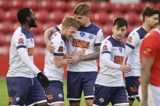 Hawks celebrate Tommy Wright's first goal that put them 2-0 ahead at Ebbsfleet. Picture: Kieron Louloudis.