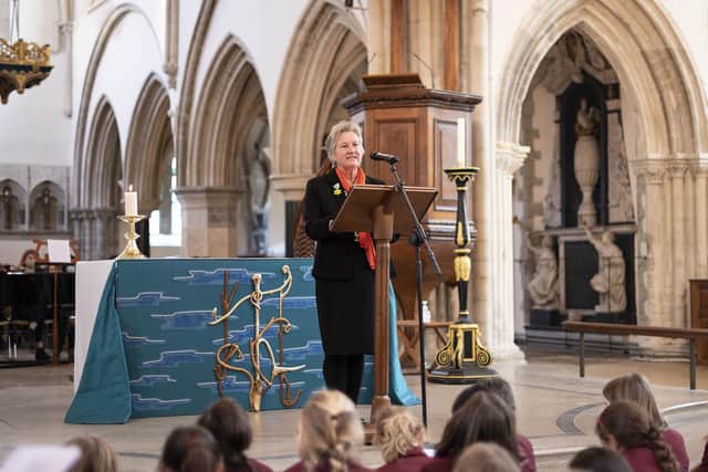 Headmistress Jane Prescott, reads at Portsmouth Cathedral. Picture: Sally Tiller