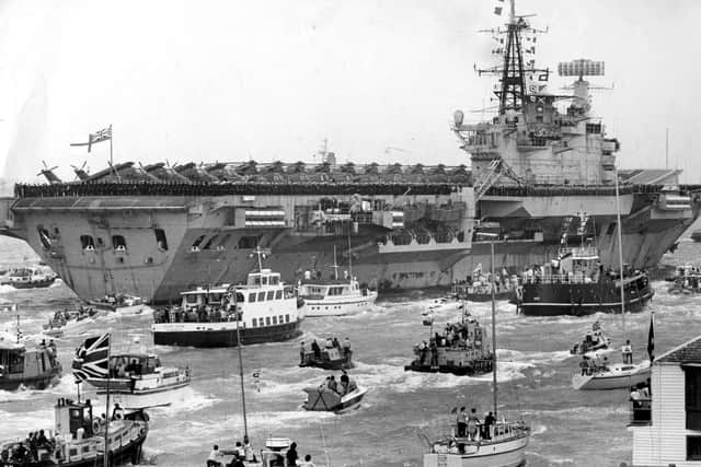 HMS Hermes, the aircraft carrier, returns from the Falklands in 1982. The News PP4829