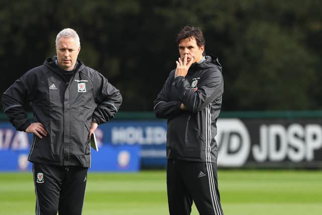 Kit Symons (left) and Chris Coleman during a Wales coaching session in 2016. Picture: Michael Steele/Getty Images