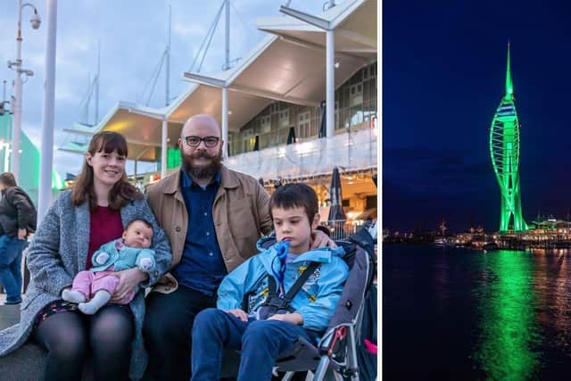 The Galway family from Portsmouth at Gunwharf in support of International Phelan-McDermid Syndrome Awareness Day. Pictured: Claire Galway (36), Robyn Galway (7 weeks), David Galway (37) and Elliot Galway (5). Picture: Mike Cooter (221022)
