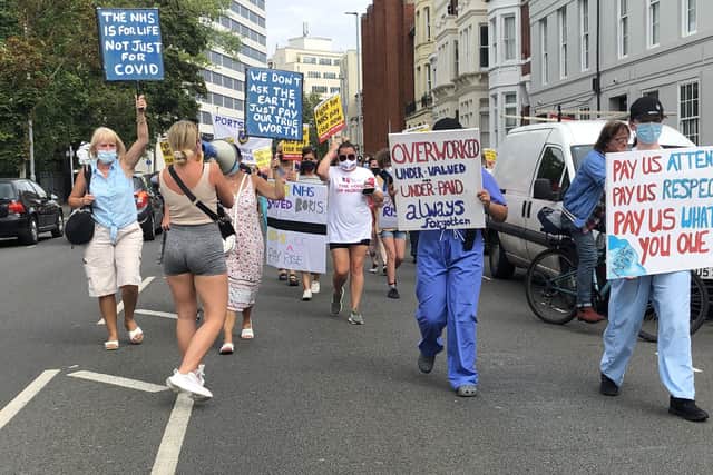 NHS health workers pictured protesting in Portsmouth over unfair pay. Photo: Tom Cotterill