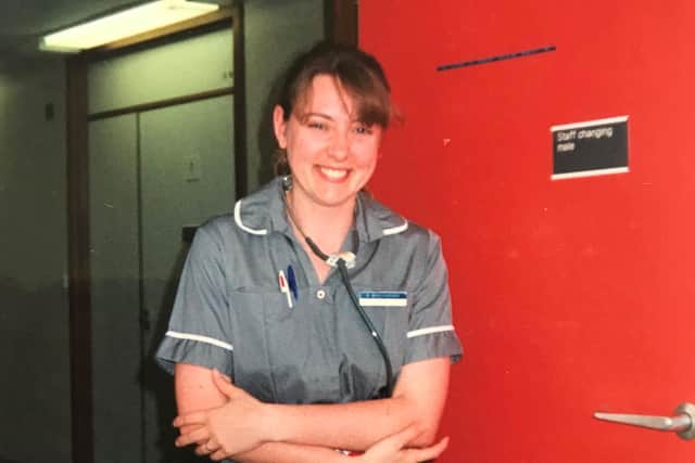 Midwife Sarah Backhouse Fitton is running the London Marathon for Portsmouth Hospitals Charity. Pictured: Sarah when she was a student midwife