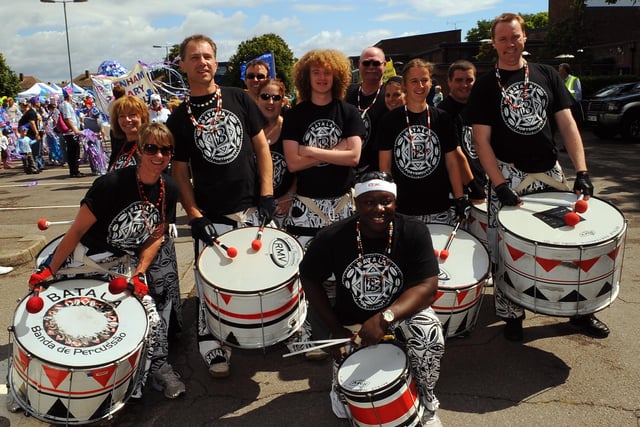 The Bridgemary Carnival which started at Bridgemary School in Wych Lane 19th July 2008. The truly stunning Batala group who led the carnival procession. Picture: Malcolm Wells 083068-5156