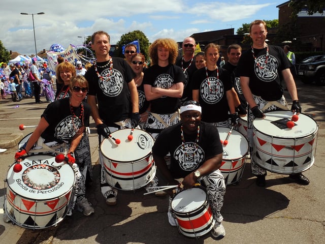 The Bridgemary Carnival which started at Bridgemary School in Wych Lane 19th July 2008. The truly stunning Batala group who led the carnival procession. Picture: Malcolm Wells 083068-5156