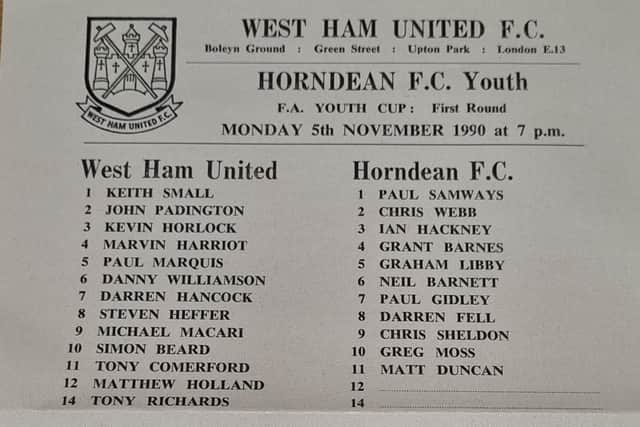 The team sheet/programme from West Ham's record-breaking 21-1 FA Youth Cup win over Horndean 32 years ago