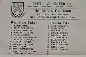 The team sheet/programme from West Ham's record-breaking 21-1 FA Youth Cup win over Horndean 32 years ago