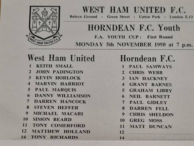 The team sheet/programme from West Ham's record-breaking 21-1 FA Youth Cup win over Horndean 32 years ago