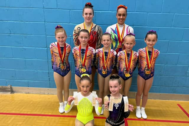 Suki gymnasts. Back (from left) Milly Jones, Amanda Ebbutt. Middle - Isla Bower, Emily Mackie, Pearl Cohen, Leah Spence, Luize Reimarte-Lozberga. Front - Isabelle Bowers, Evie-Mae Sangster