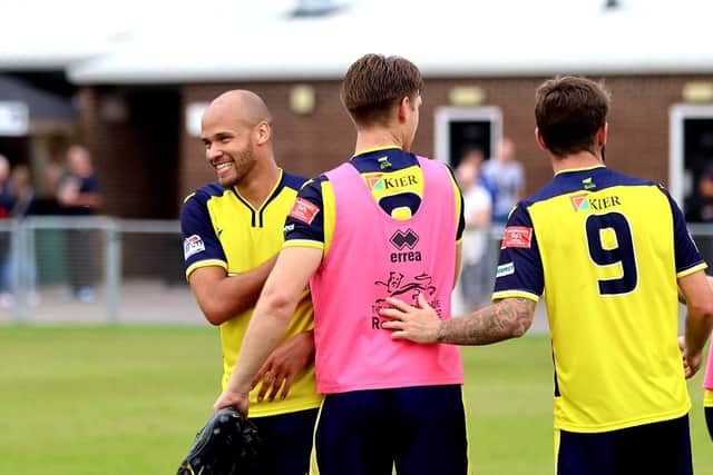 Josh Huggins is all smiles after Gosport's win at Weston-super-Mare. Picture: Tom Phillips