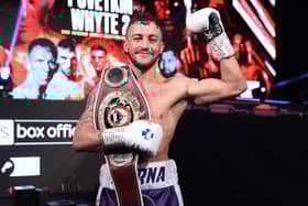 Michael McKinson with the WBO Global welterweight title he collected after defeating Chris Kongo in March. Picture: Mark Robinson/Matchroom