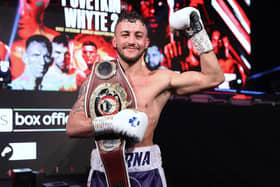 Michael McKinson with the WBO Global welterweight title he collected after defeating Chris Kongo in March. Picture: Mark Robinson/Matchroom