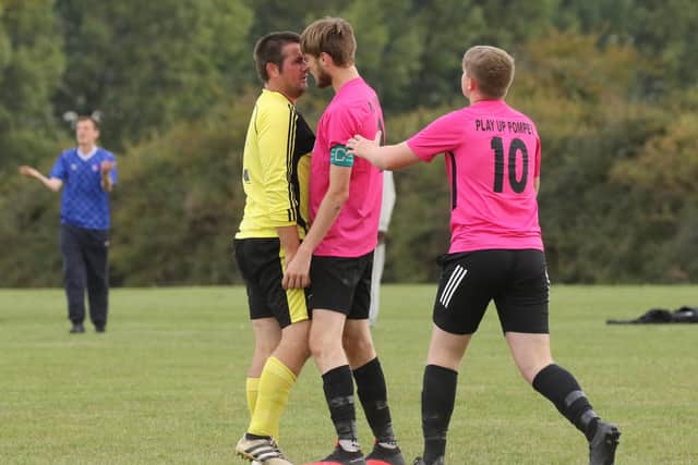 Tempers rise during AFC Trades (pink/black) v Hatton Rovers in the Portsmouth Sunday League. Pic: Kevin Shipp