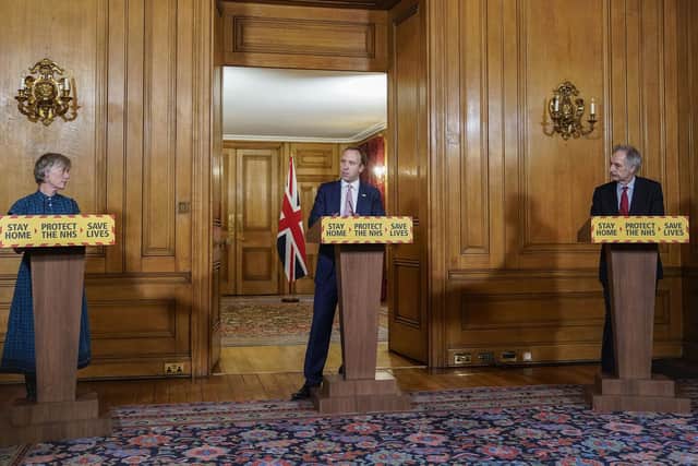 Deputy Chief Scientific Officer Professor Dame Angela McLean, Health Secretary Matt Hancock, and Director of Health Improvement at Public Health England, Professor John Newton during a media briefing in Downing Street, London, on coronavirus (COVID-19).