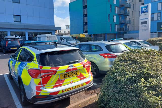 Police and paramedics at the Ibis Hotel in Fratton Way, Portsmouth today Picture: Fiona Callingham