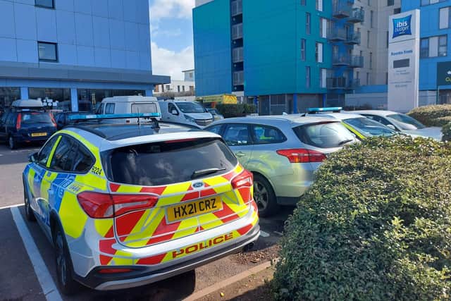 Police and paramedics at the Ibis Hotel in  Fratton Way, Portsmouth today Picture: Fiona Callingham
