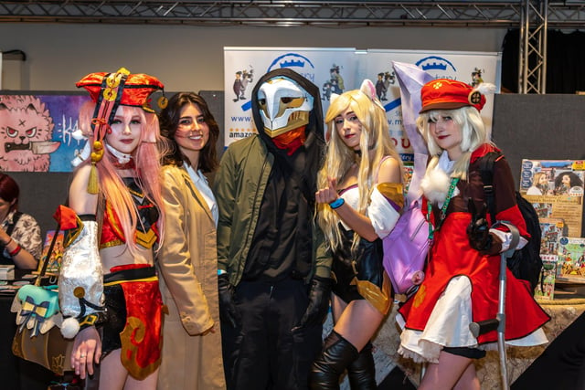Comic Con attendees Lauren Rayner, 18, as Yanfei, Ruby Afsarian, 16, as Pieck, Hamish Lawal-Rieley, 16, as Ekko, Scarlett Price, 16, as Ahri and Jamie Smith, 16, as Klee