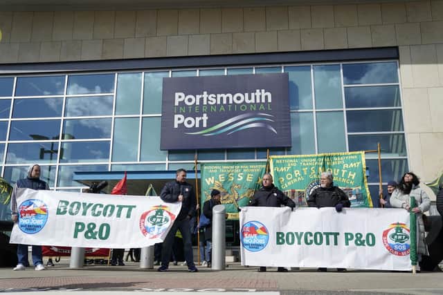 People take part in a demonstration at the Portsmouth International Port after P&O Ferries sacked 800 seafarers without notice on March 17, amid plans to bring in cheaper agency staff. Picture: Andrew Matthews/PA Wire
