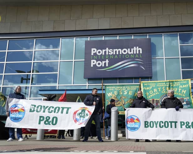 People take part in a demonstration at the Portsmouth International Port after P&O Ferries sacked 800 seafarers without notice on March 17, amid plans to bring in cheaper agency staff. Picture: Andrew Matthews/PA Wire