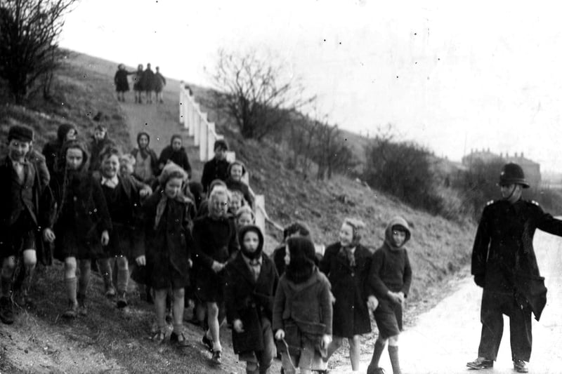 Pupils from Cottage Homes School on Portsdown Hill on their way home for lunch in 1944.
