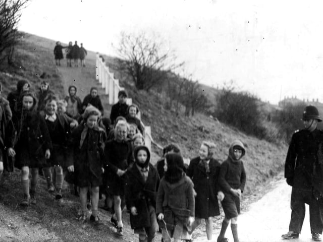 Pupils from Cottage Homes School on Portsdown Hill on their way home for lunch in 1944.