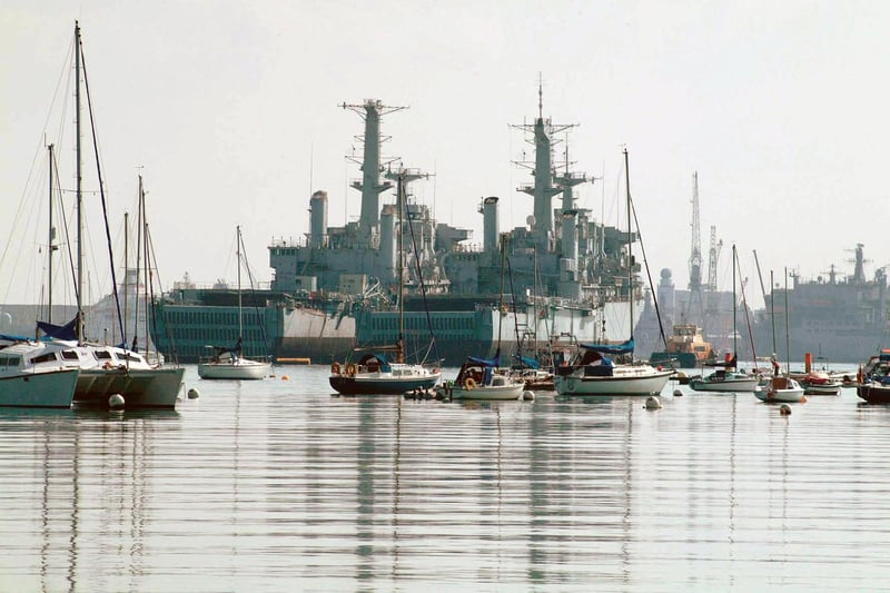 Ghosts of the Falklands. The Warships of Fareham Creek. HMS Fearless (Right) and HMS Intrepid. Picture: Trevor Evans © Hampshire County Council Museum Service.