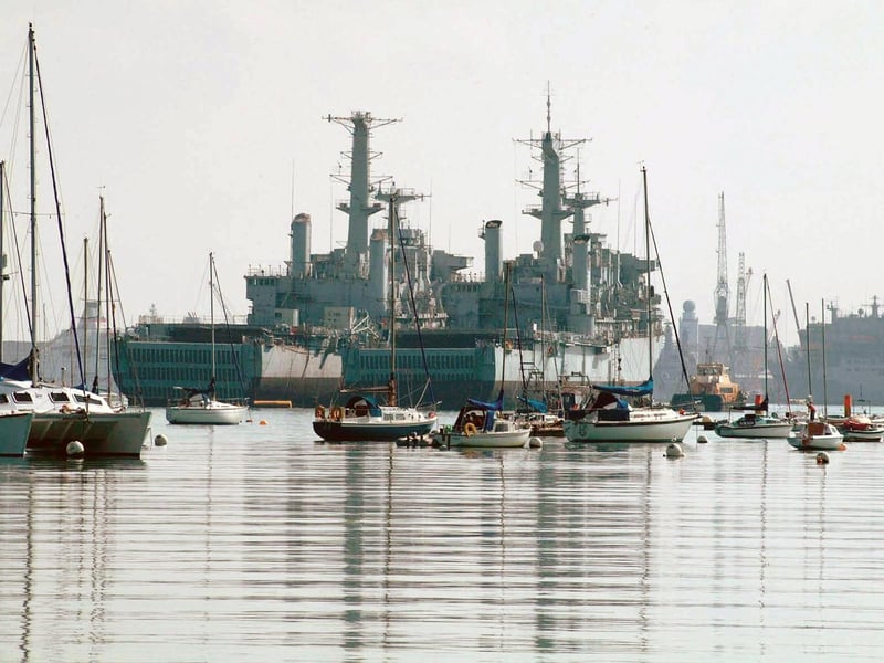 Ghosts of the Falklands. The Warships of Fareham Creek. HMS Fearless (Right) and HMS Intrepid. Picture: Trevor Evans © Hampshire County Council Museum Service.