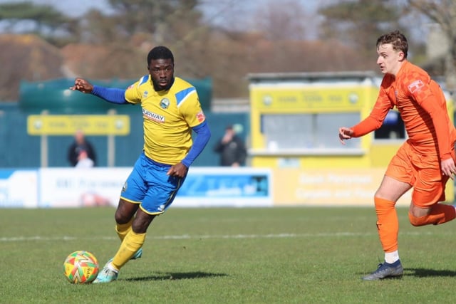 Gosport match-winner Abdulai Baggie in action against Hartley Wintney. Picture by Tom Phillips