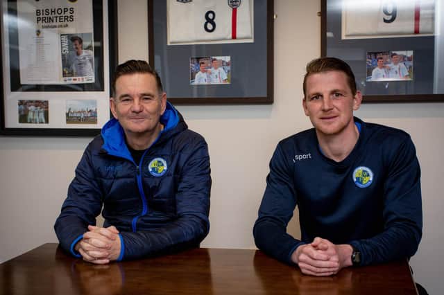 Head of coaching at the Havant & Waterlooville Pro:Direct Academy Joe Oastler, right, and Hawks boss Paul Doswell Picture: Habibur Rahman