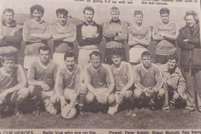 Belle Vue. Back (from left): Stevie O'Shea (manager), David Titheridge, Kevin Welch, Stuart Warry, John Eade, Stevie Reid, John Jackson. Front: Freddy Land, Lee Taw, Peter Matthews, Anthony O'Shea, Gary Powell, Peter Knight, Shaun Murcott, Reg Stamp (secretary).