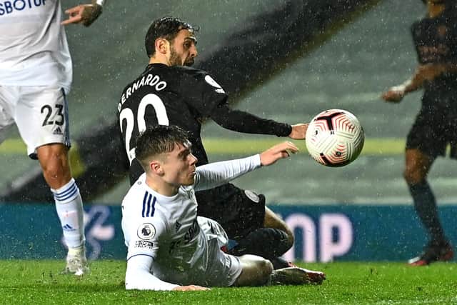 Leeds' Leif Davis - a former Pompey target - battles Manchester City's Bernardo City for the ball. Picture: Paul Ellis/Getty Images