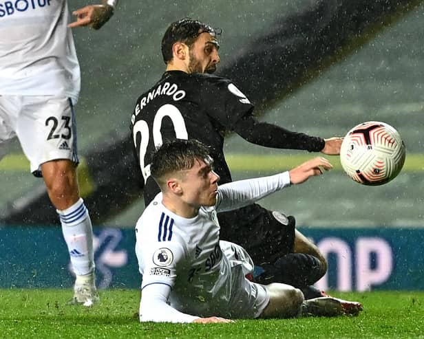 Leeds' Leif Davis - a former Pompey target - battles Manchester City's Bernardo City for the ball. Picture: Paul Ellis/Getty Images