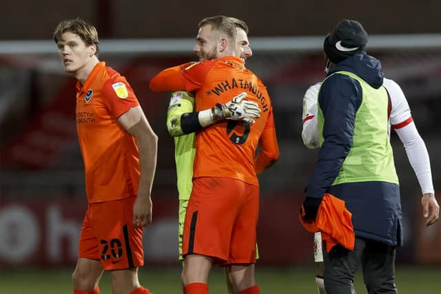 Sean Raggett, Jack Whatmough and Craig MacGillivray all contributed to another clean sheet at Fleetwood on Saturday. Picture: Daniel Chesterton