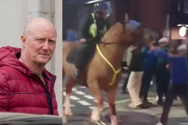 Derek Jennings, 53, of Laburnum Grove, Copnor, admitted violent disorder at the Pompey v Soton match at Fratton Park where he punched the police horse Luna. Right, video footage showed Jennings punching the horse.