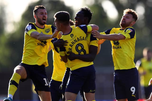 Oxford celebrated beating Pompey 5-4 on penalties to book their passage to the League One play-off final.  Picture: Michael Steele/Getty Images