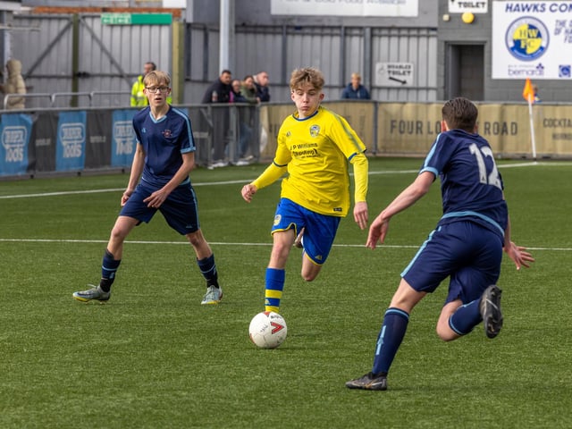 Action from the Under-16 Arthur Hughes Challenge Cup final between Meon Milton Awfords (yellow shirts) and Pickwick Youth Panthers. Picture: Mike Cooter