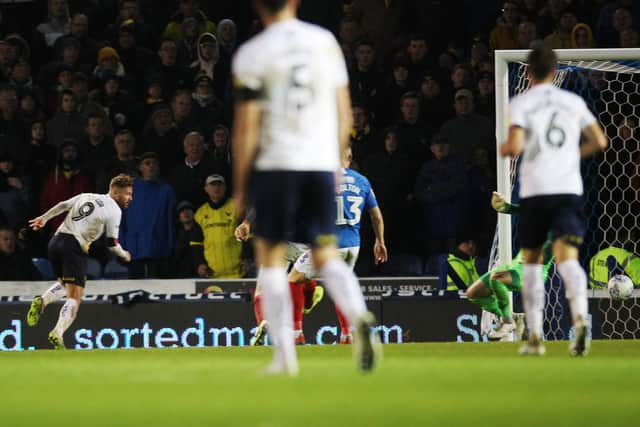 Matty Taylor equalises against Pompey at Fratton Park. Picture: Joe Pepler